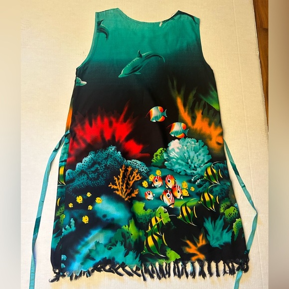 Vibrant Ocean-Themed Sleeveless Island Barrier Reef Dress Sz-L.  AA10 - Picture 3 of 8